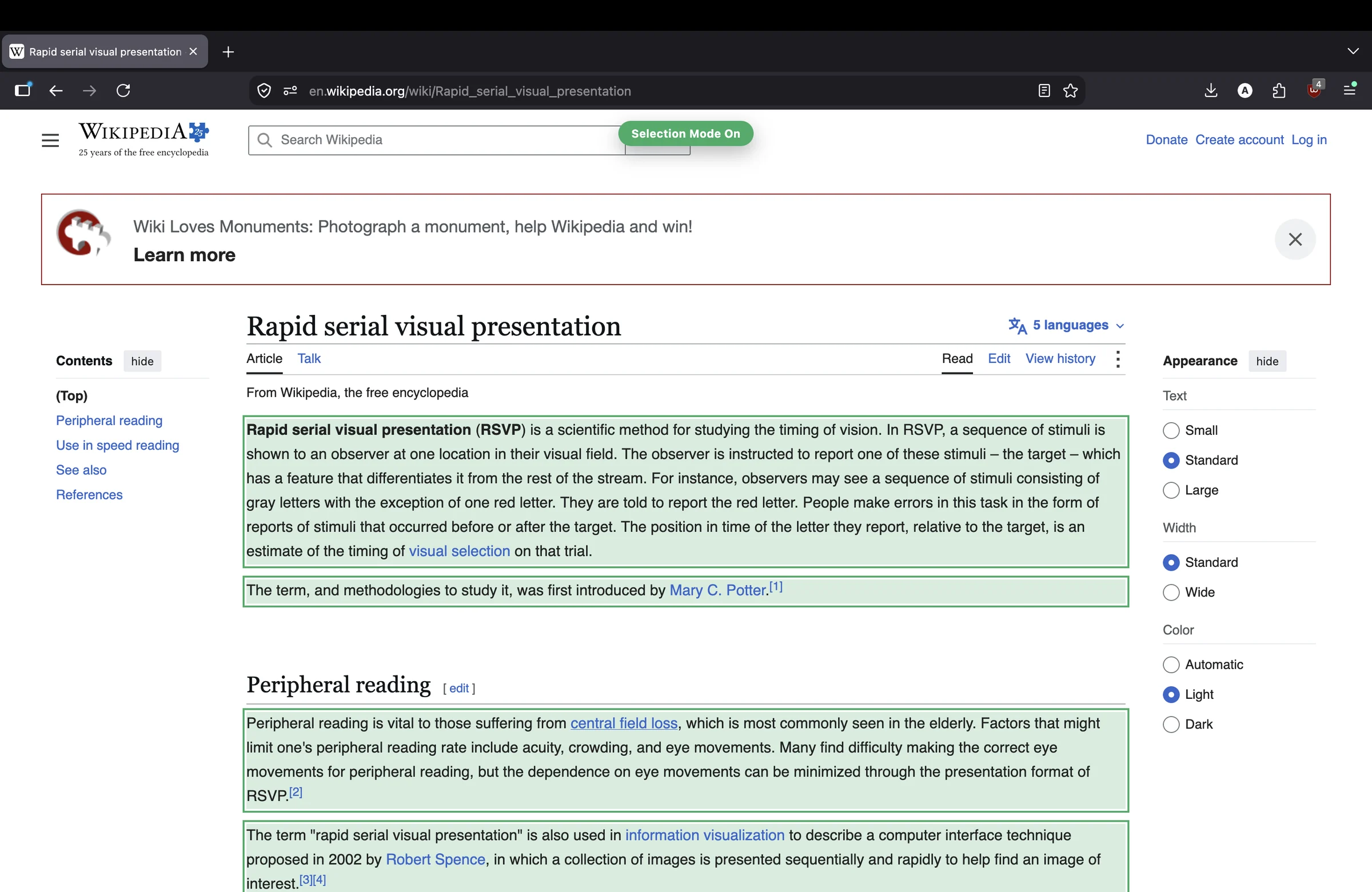 selecting text to read